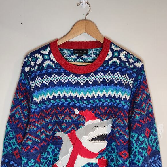 XL Christmas Sweater Knit Shark Blue Red Mens Acrylic Blizzard Bay - Picture 1 of 4